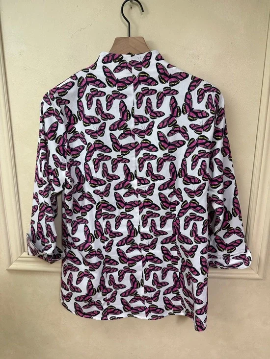 Foxcroft Wrinkle Free vibrant pink butterfly print on a white background - Picture 5 of 5